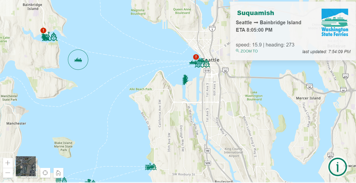 All The Ferries real-time Washington State ferry map screenshot